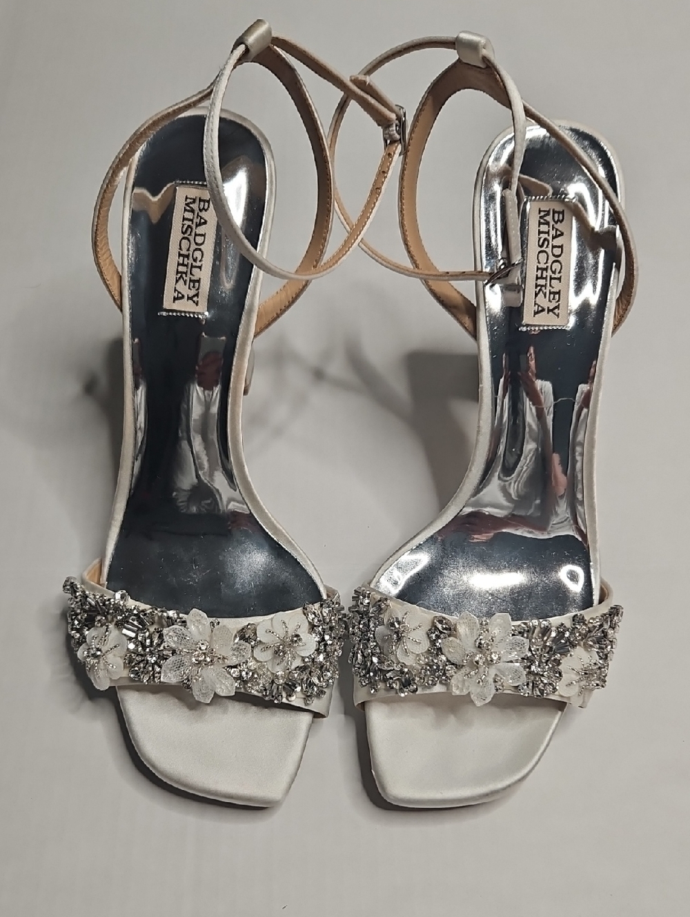 Badgley Mischka Ivory Satin Floral Crystal Ankle-Strap Heels